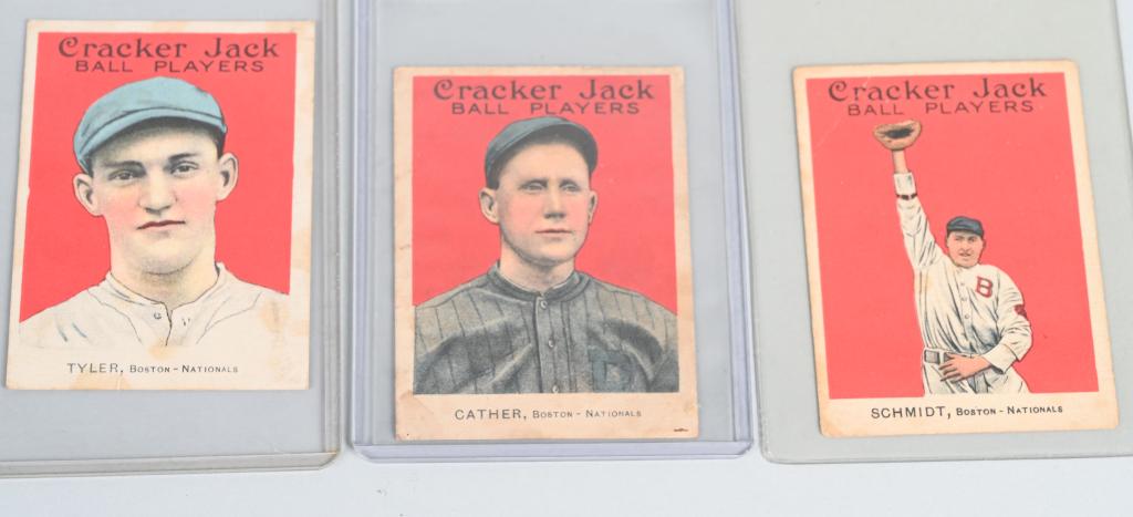 3 1915 CRACKER JACK BASEBALL CARDS #127 #145 #146: Includes Boston Nationals #127 Charles J Schmidt, #145 Ted Cather, and #146 George Tyler. All original clean cards. Perfect for grading