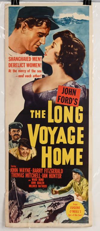 1940 THE LONG VOYAGE HOME MOVIE POSTER INSERT: Movie poster insert measuring about 14" by 36". John Ford movie staring John Wayne, Barry Fitzgerald, Thomas Mitchell and Ian Hunter. Nice graphics. Ungraded has folds, soiling and small tears. Good