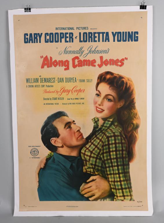 1945 ALONG CAME JONES MOVIE POSTER: Nice one sheet (27" by 41") movie poster mounted on linen. Starring Gary Cooper, Loretta Young, and William Demarest. Nice colors and graphics. Excellent