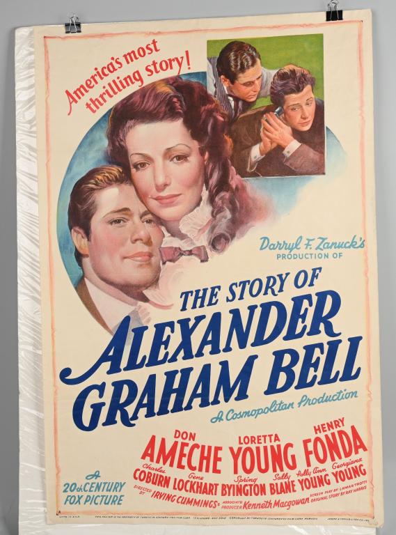 1939 THE STORY of ALEXANDER GRAHAM BELL: Nice un-mounted one sheet (27" by 41") movie poster. Starring Don Ameche, Loretta Young, and Henry Fonda. Great colors and graphics. some light wear. Very Good-Excellent