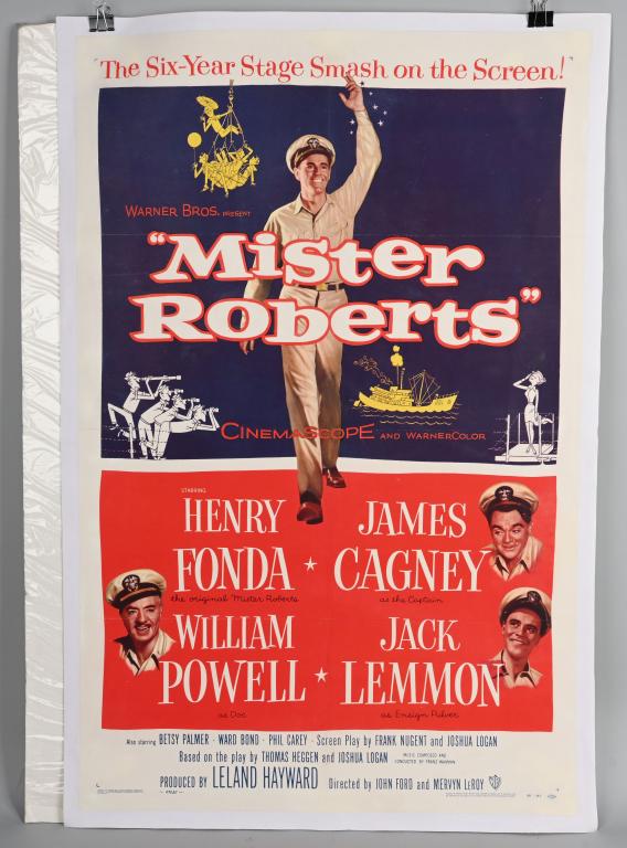 1955 MISTER ROBERTS MOVIE POSTER: Nice one sheet (27" by 41") movie poster mounted on linen. Starring Henry Fonda, James Cagney, William Powell and Jack Lemmon. NIce graphics and colors. Excellent