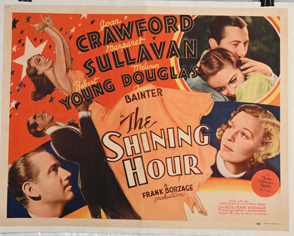 1938 THE SHINING HOUR MOVIE LOBBY CARD: Measures about 28" by 22", and is mounted on linen. Starring Joan Crawford, Margaret Sullivan, and Robert Young. Nice colors and graphics. Has fold lines and light soiling. Very Good