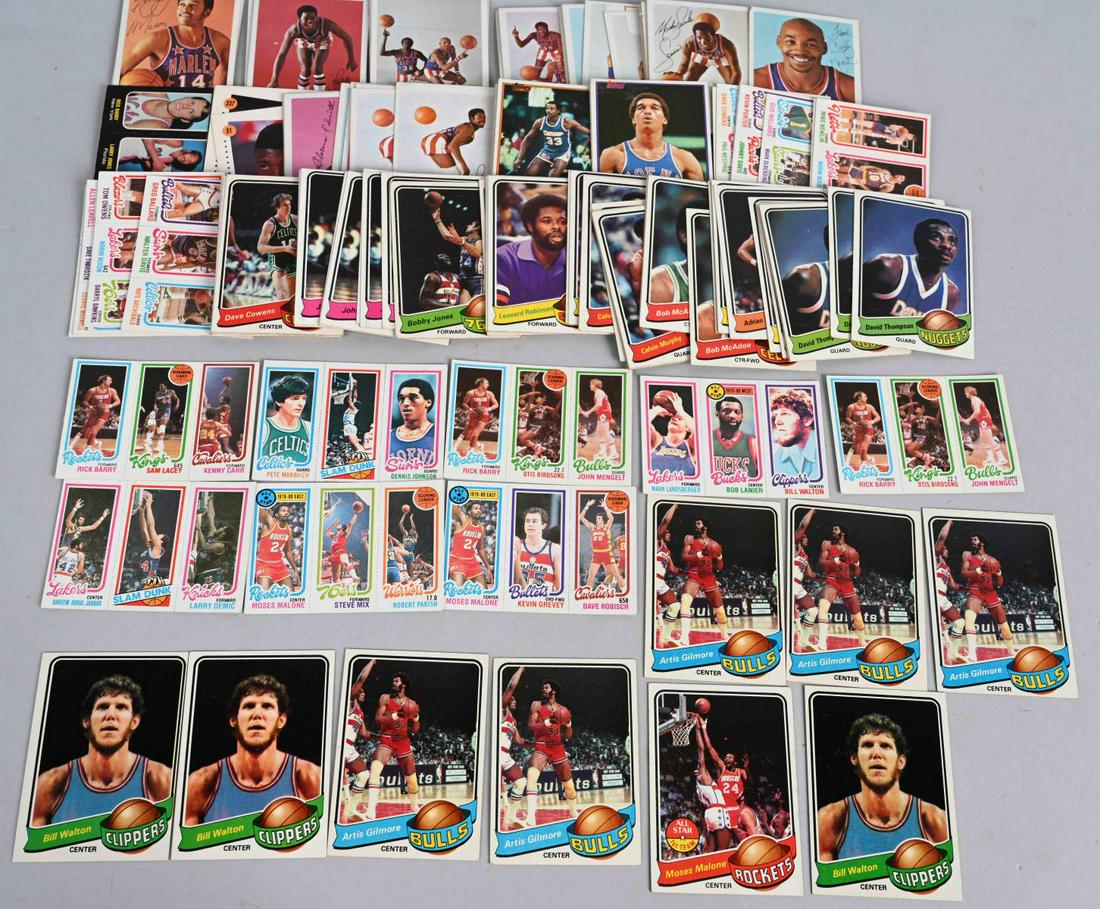 LOT (136) BASKETBALL CARDS, GLOBETROTTERS: Lot of ( 45 ) 1971 Cocca Puffs Globetrotters inc. Neal, Lemon. 1981 Topps (10) 1981 3-panels (22) inc. Archibald, Malone, Jabbar, Barry, Lanier, Walton, Maravich. 1979- ( 59 ) inc. Gilmore, Walton, Ma