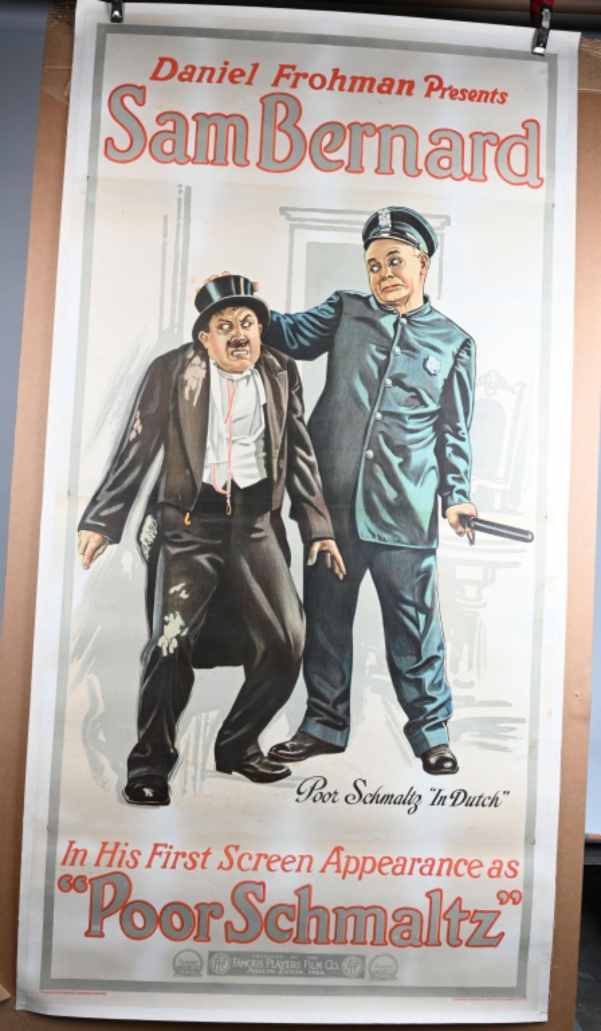 1915 POOR SMALTZ 3 SHEET MOVIE POSTER: Original 1915 "Poor Smaltz" 3 Sheet Movie Poster. Starring Sam Bernard. Famous Silent Film by Paramount. Great image. Set on linen. 81"x41" Excellent