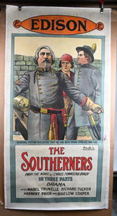 THE SOUTHERNERS 3 SHEET THEATER POSTER: Original "The Southerners" 3 sheet Theater Poster. Starring Mabel Trunelle and Richard Tucker. Great image. Set on linen. Has some restoration. Done by Morgan Printing Cleveland, Ohio. 81"x41" Very Go