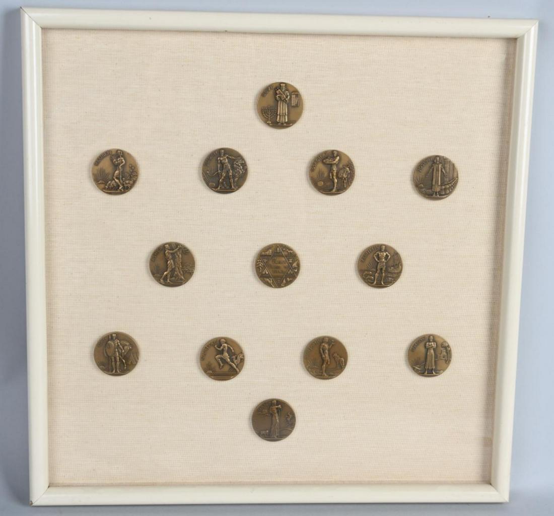 12 TRIBES of ISRAEL BRONZE FINE ART MEDALS COA: Nicely framed collection of 13- 1 3/4" bronze medals, designed by Elizabeth N. Weistrop for International Masterpiece Editions. Includes COA dated December 17, 1976. Excellent