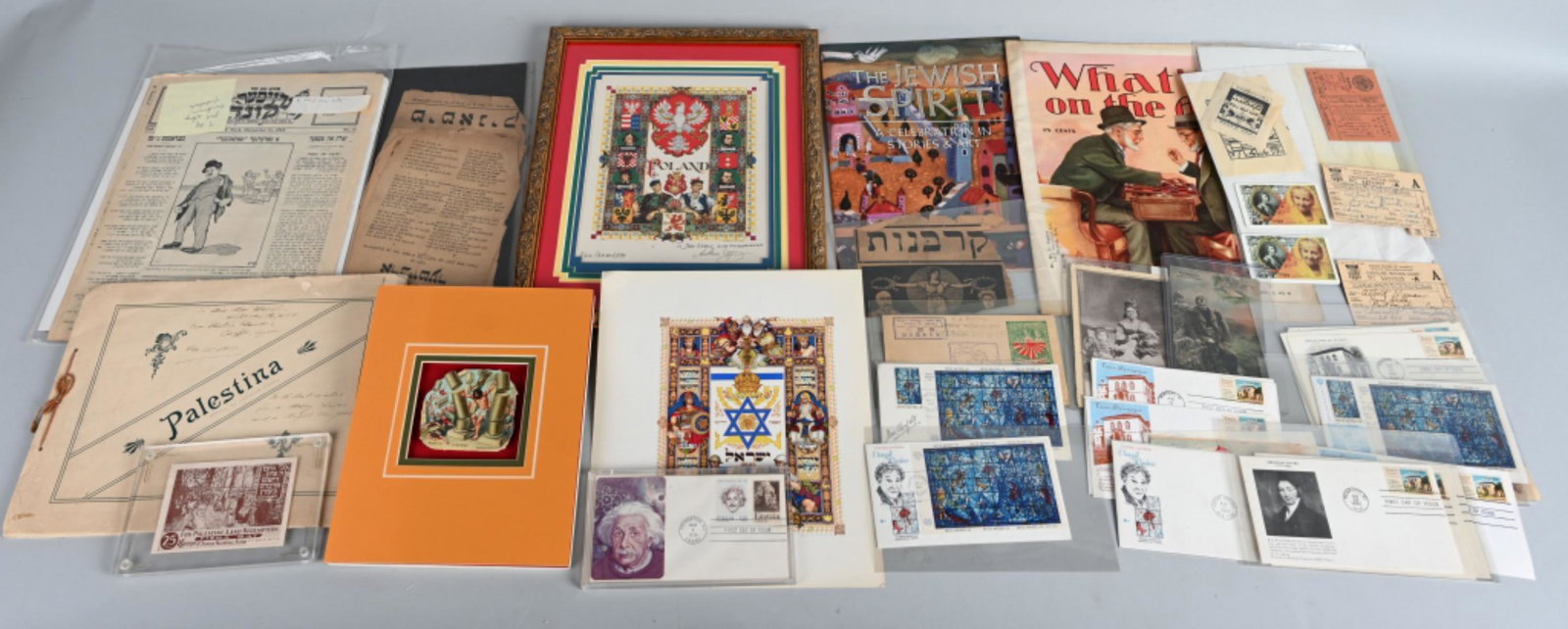 JEWISH EPHEMERA and MORE: Lot includes numerous First Day Covers, postcards, 1916 photo book of Palestine, 2- Arthur Szyk prints 9one signed by artist), various papers in Hebrew, a cabinet photo, a color die-cut of Samson and