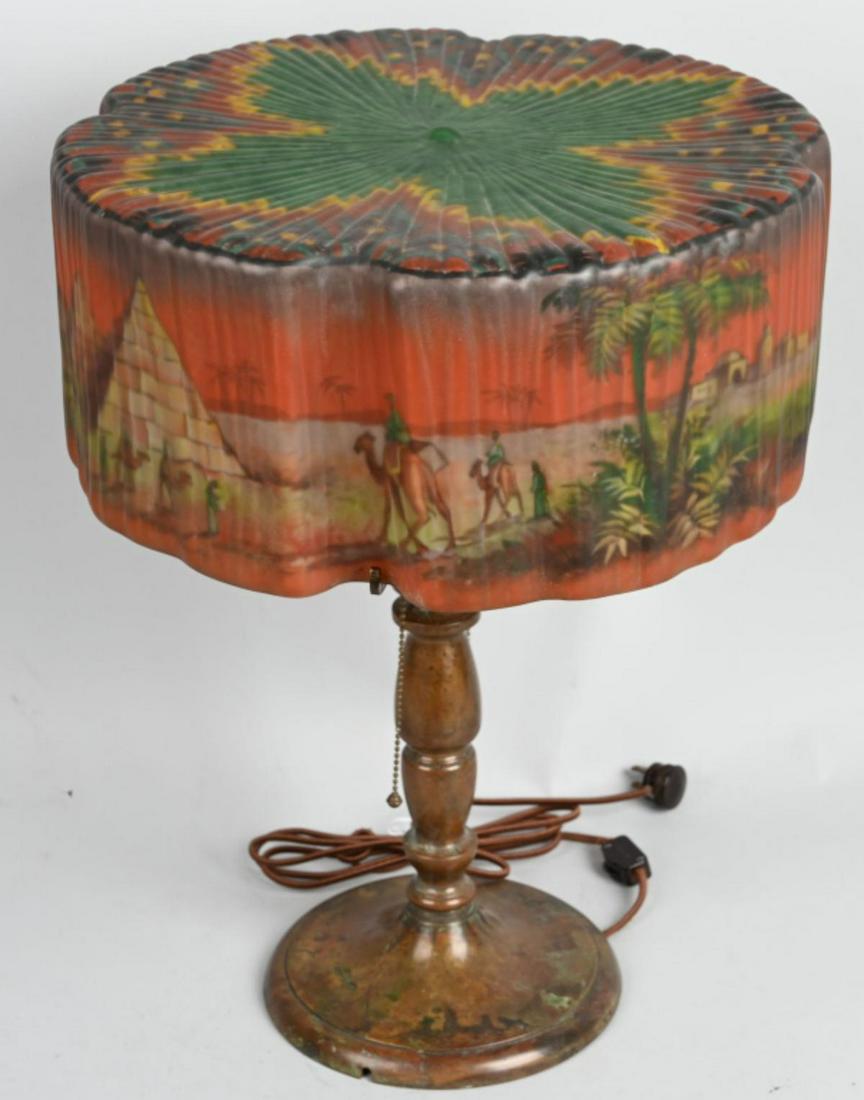 PAIRPOINT REVERSE PAINTED GARDEN OF ALLAH LAMP: "Scarce" Pairpoint Reverse Painted "Garden of Allah" Table Lamp. Very beautiful reverse painted shade. Shows Arab scene with camels. pyramids, people, palm trees, and more. Wonderful colors. Small typ