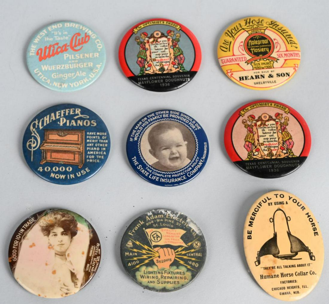 LOT OF 9 ADVERTISING CELLULOID POCKET MIRRORS: Great lot of antique Advertising Celluloid Pocket Mirrors. Some unusual examples. Largest 2 3/4"