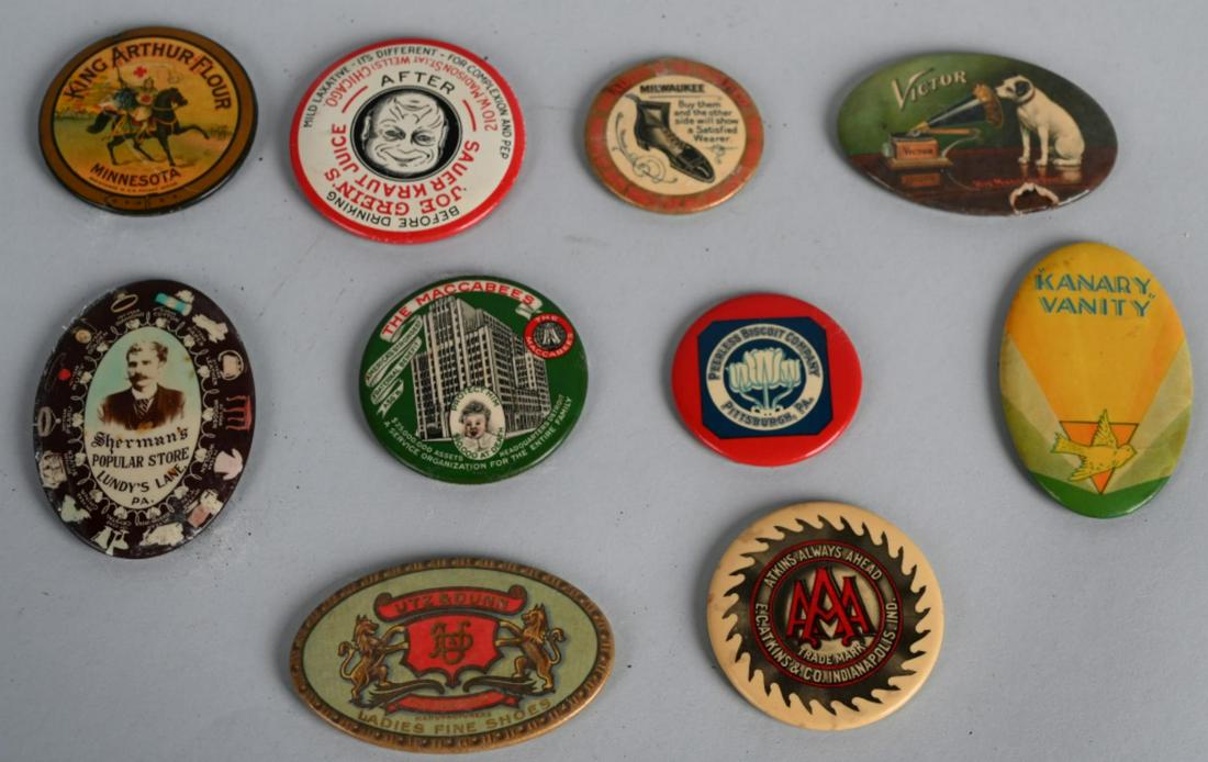 LOT OF 10 ADVERTISING CELLULOID POCKET MIRRORS: Great lot of antique Advertising Celluloid Pocket Mirrors. Some unusual examples. Largest 2 3/4"