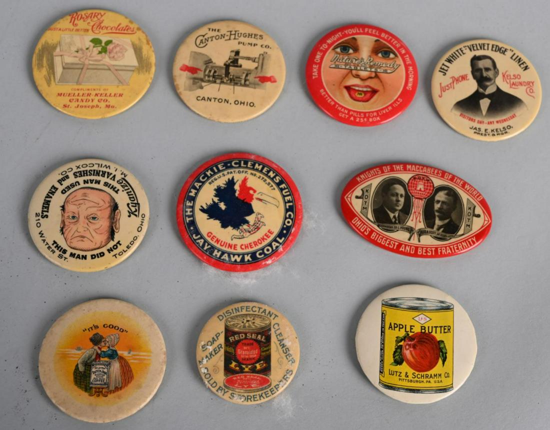 LOT OF 10 ADVERTISING CELLULOID POCKET MIRRORS: Great lot of antique Advertising Celluloid Pocket Mirrors. Some unusual examples. Largest 2 3/4"