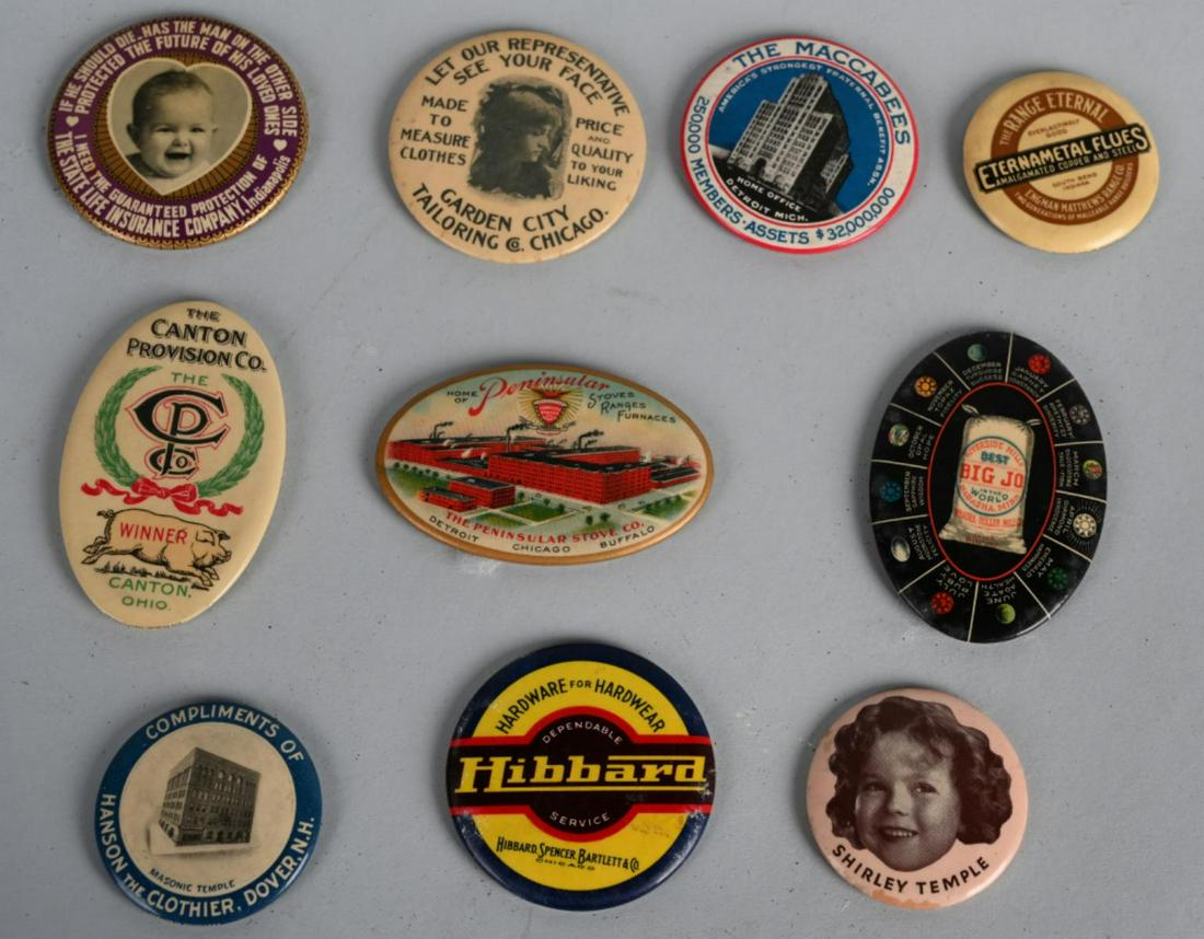 LOT OF 10 ADVERTISING CELLULOID POCKET MIRRORS: Great lot of antique Advertising Celluloid Pocket Mirrors. Some unusual examples. Largest 2 3/4"
