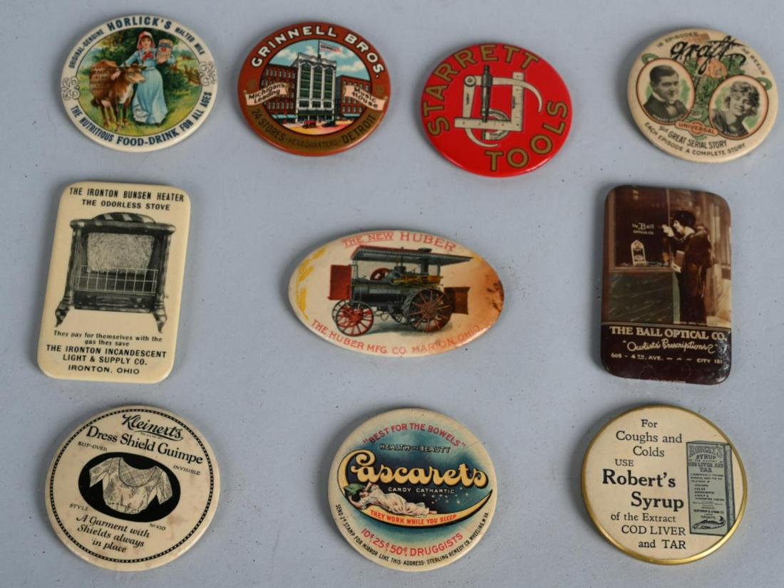LOT OF 10 ADVERTISING CELLULOID POCKET MIRRORS: Great lot of antique Advertising Celluloid Pocket Mirrors. Some unusual examples. Largest 2 3/4"
