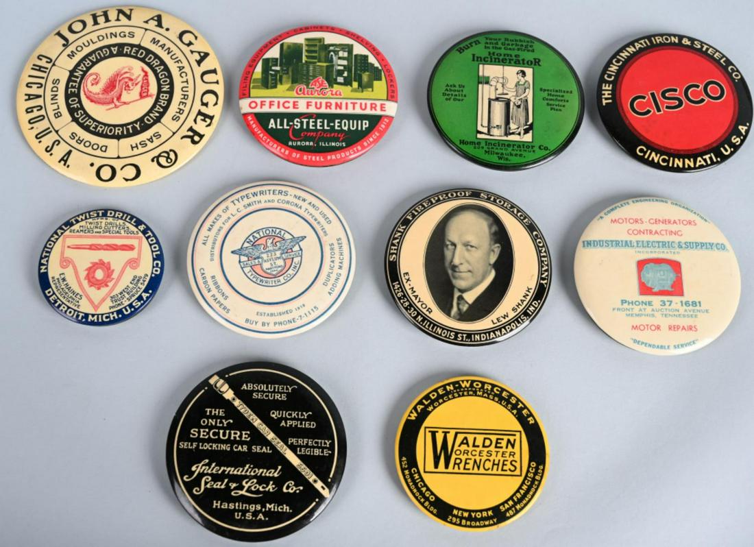 LOT OF 10 ADVERTISING CELLULOID POCKET MIRRORS: Great lot of antique Advertising Celluloid Pocket Mirrors. Some unusual examples. Largest 4 1/2"