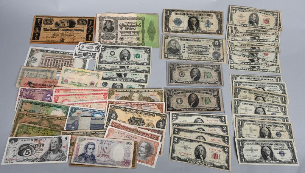 LARGE LOT OF US & FOREIGN CURRENCY: Includes Central National Savings and Trust Company of Cleveland $5 Bill, Blue and Red Seal Notes, and Much More