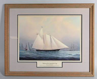 YACHT's of the AMERICA's CUP THE SCHOONERS PRINT: Nice framed print produced by artist Tim Thompson. Frame measures 30 1/2" by 24". Excellent