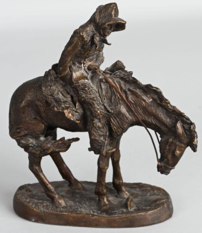 FREDERIC REMINGTON NORTHER BRONZE SCULPTURE: Frederic Remington "Norther" Bronze Sculpture. Great details. Signed on base. 7" Excellent