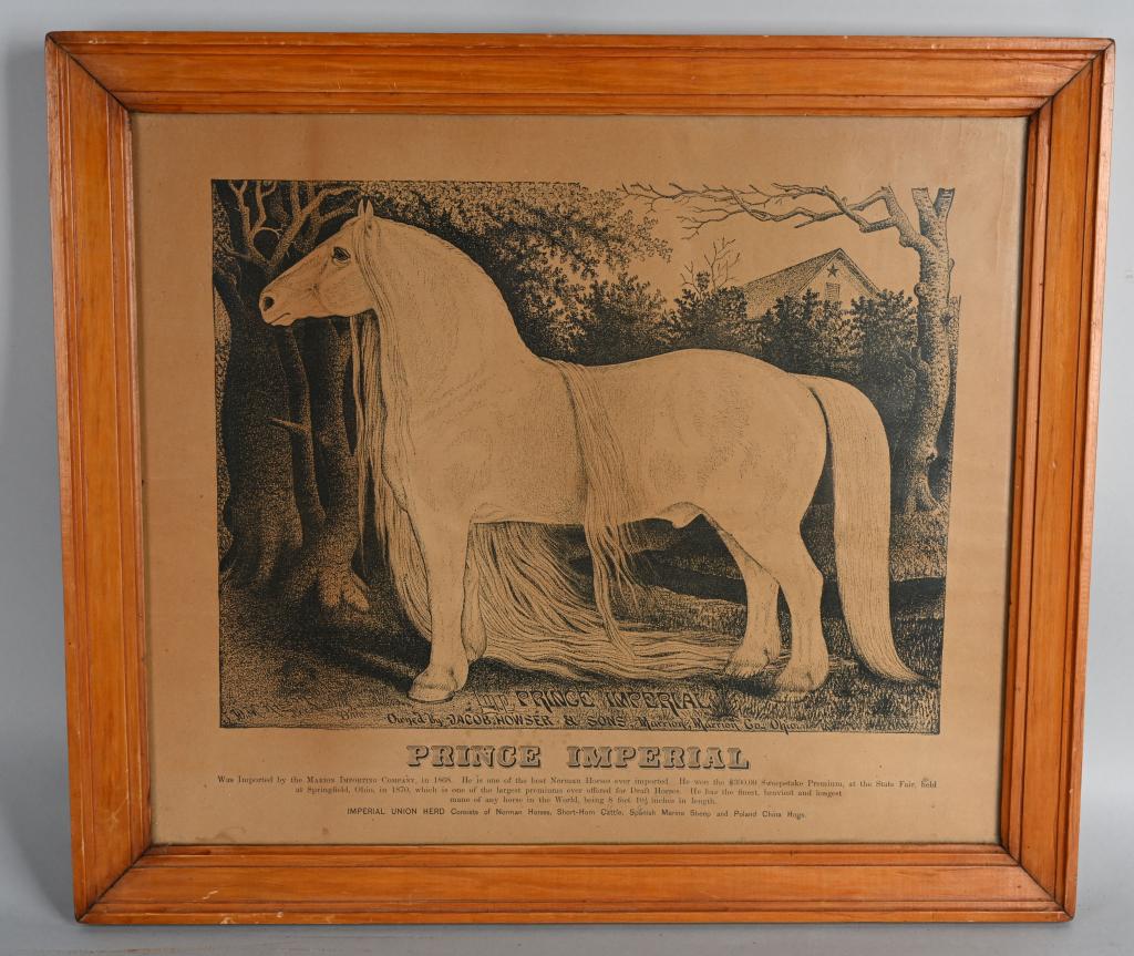 1870s PRINCE IMPERIAL DRAFT HORSE ADVERTISMENT: Original 1870s Prince Imperial Draft Horse Advertisement. This was the worlds largest horse measuring 8" 10 1/2" tall. Was owned by Jacob Howser and Sons. He was imported in 1868 by Marion Import Comp