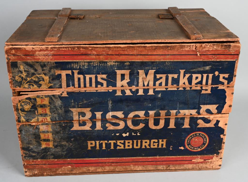 THOMAS MACKEY GRAHAM CRACKER WOOD BOX: Original wooden Graham Cracker Box with original paper label. 22"x15"x14" Excellent