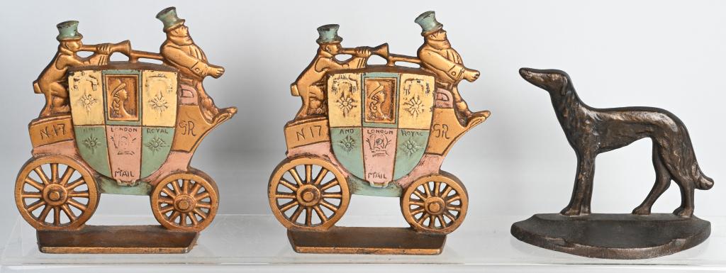ANTIQUE Cast Iron COACH BOOKENDS & MORE: Lot includes a nice pair of painted cast iron London Royal Mail bookends marked A.A.W.-1, along with a 1929 Russian Wolfhound cast iron bookend. Largest is 7" by 6". Excellent