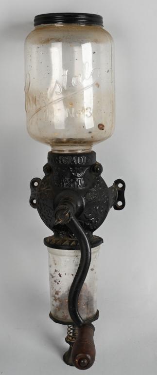 CRYSTAL #3 COFFEE GRINDER: Nice early cast iron and glass Crystal #3 Coffee Grinder. 19" Excellent