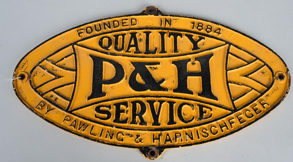 P&H CRANES CAST IRON ADVERTISING SIGN: Original P&H Cranes cast iron Advertising Sign. 4 mounting holes. 18"x11" Excellent