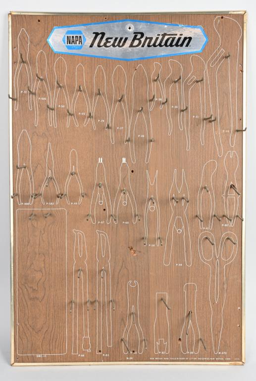 NAPA NEW BRITAIN TOOL STORE DISPLAY BOARD: Original Napa New Britain Tool Store Display Board. Has hangers for all the tools and diagrams. 36"x24" Excellent