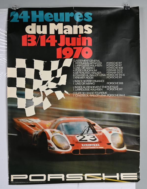 1970 PORSCHE 24 HOURS OF LEMANS POSTER: Nice original poster. Has some normal wear on edges. Great colors and image. 40"x30"