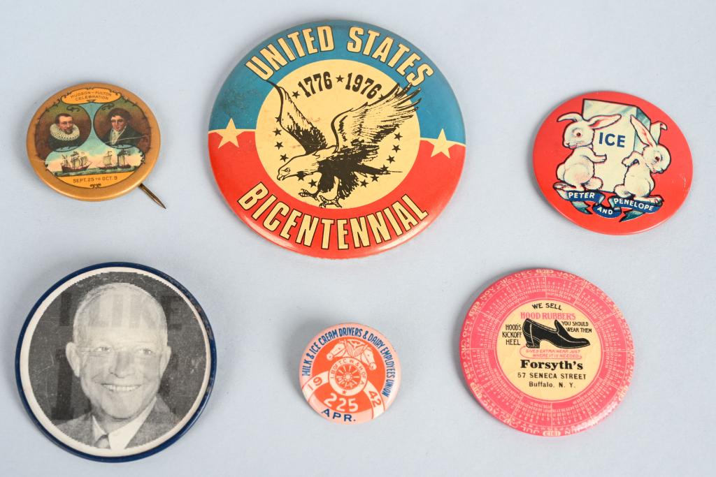 LOT OF ADVERTISING & POLITICAL BUTTONS: Nice lot of Political and Advertising Buttons. Includes Hudson Fulton Exposition. I like Ike, and More. Largest 3 1/2" Excellent