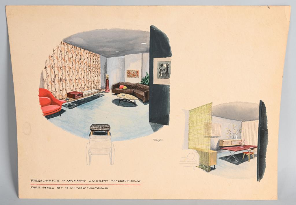 RICHARD NEAGLE MID-CENTURY DESIGN PAINTING: Original water color concept design painting by Richard Neagle of the Mr & Mrs Joseph Rosenfield Residence dated 12-20-54. Richard Neagle is a famous Mid-Century Designer. Painting show great mid cent