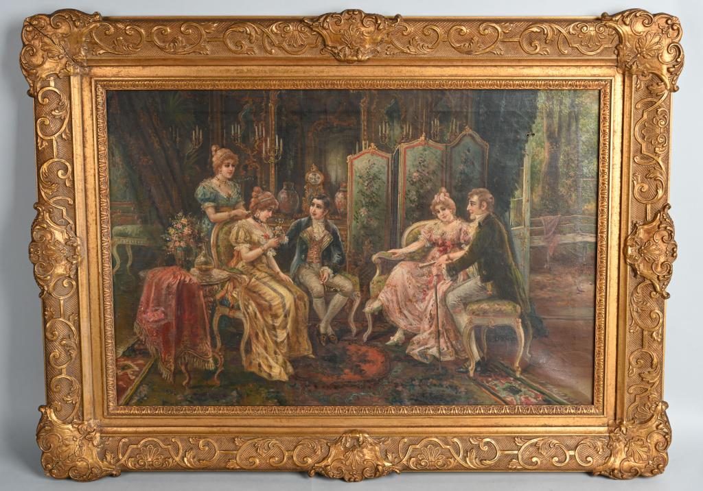 VICTORIAN OIL PAINTING w/ GOLD GILT FRAME: Very well done original Victorian Oil Painting of Well Dressed Party Goers in Parlor. The colors and details show this was done by a Master Painter. The painting is still in the original gold gilt fra