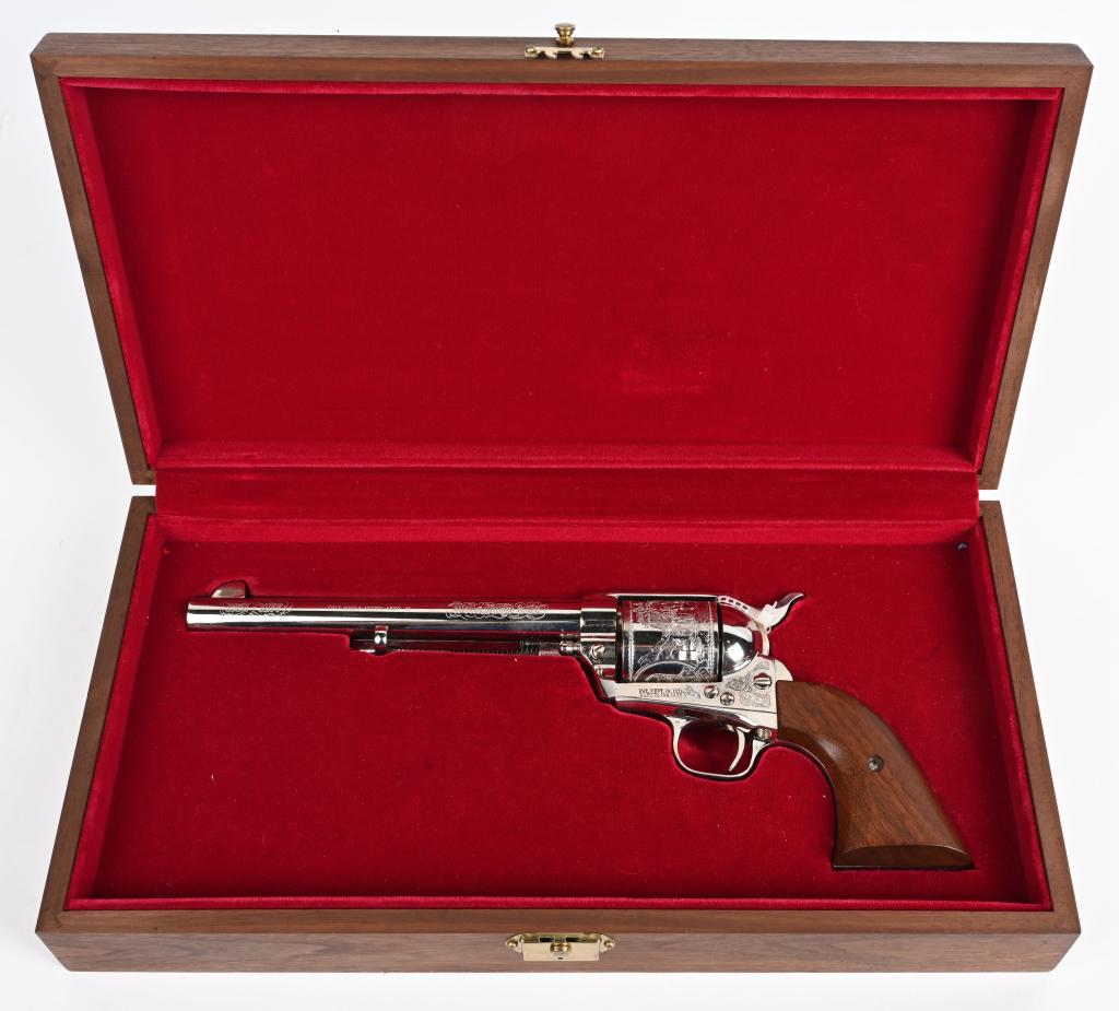 CASED UNFIRED COLT WELLS FARGO SPECIAL SAA: This limited edition of 50 Colt Single Action Army revolvers commemorates the 125th year of Wells Fargo & Company. The top of the barrel has the standard one line address with "COLT SINGLE ACTION ARMY