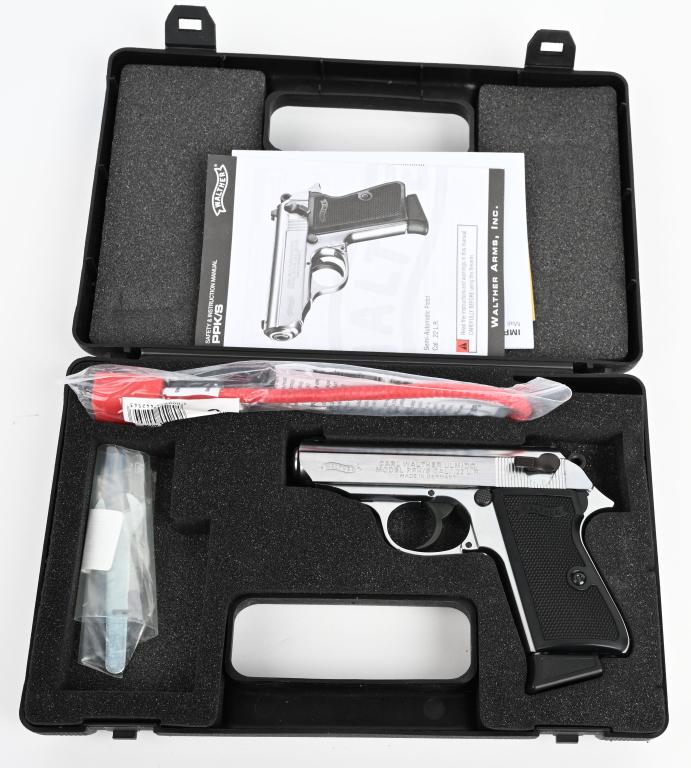 WALTHER PPK/S .22 LONG RIFLE NICKEL FINISH: SERIAL NUMBER WF002129, BARREL 3-1/4" CALIBER .22 LONG RIFLE. Current production Walther Arms Fort Smith AR, produced in Germany. 10 round .22LR cal, with fixed front sight and drift adjustable rear s