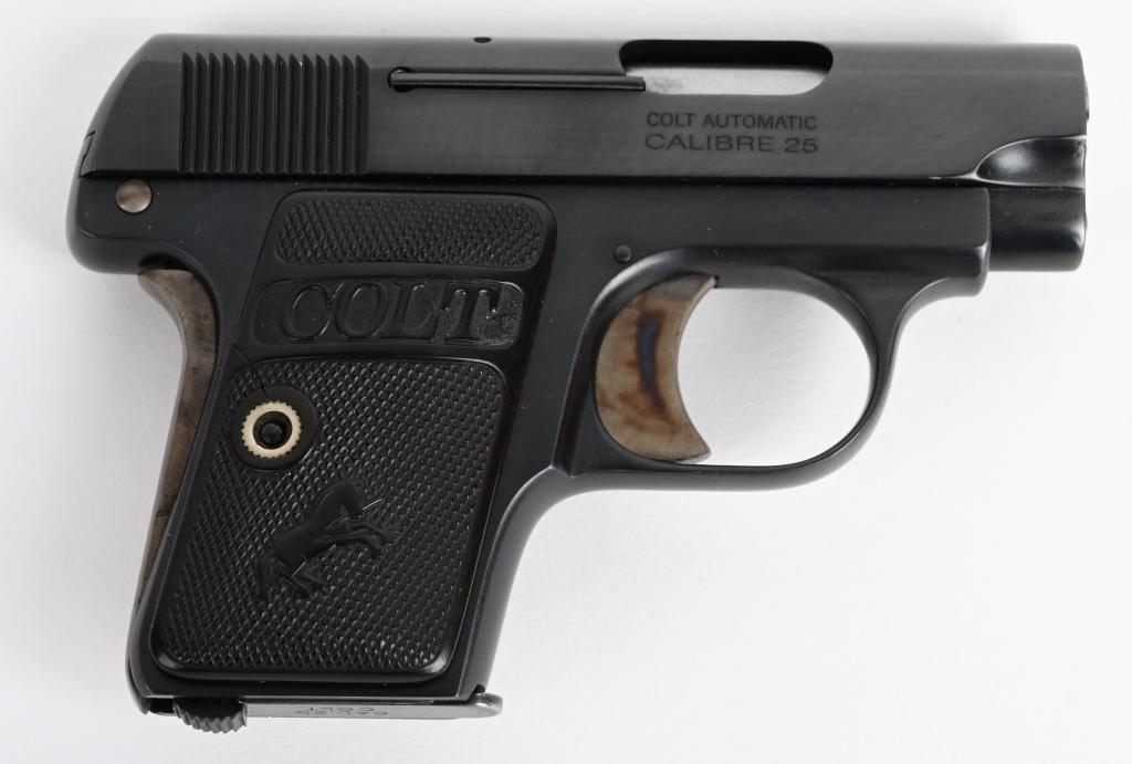 COLT MODEL 1908 SEMI AUTO .25 PISTOL: SERIAL 323789. BARREL 2". CALIBER .25 ACP. MADE IN 1923. Expertly restored to as new condition. Retains 100% of the professional rust blue finish with case color trigger and safety. Gun sports an orig