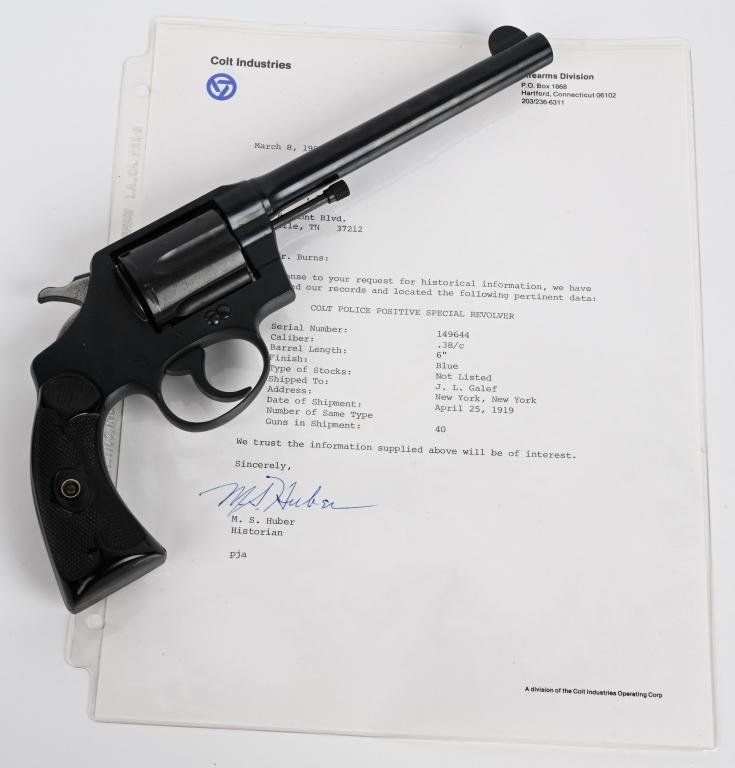PRE WAR COLT POLICE POSITIVE REVOLVER: SERIAL 149644. BARREL 6" CALIBER .38 SPECIAL. Factory letter lists this gun having sold to J.L. Galef of New York on April 25, 1919 with a six inch barrel in blue finish. Gun features gutta percha gri