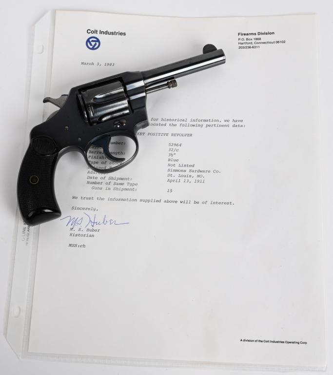 EARLY HIGH POLISH COLT POCKET POSITIVE REVOLVER: SERIAL 52964. BARREL 3. 5". CALIBER .32 COLT. Letter lists this gun as sold to Simmons Hardware in St. Louis on April 13, 1911 in blue finish. Features the early royal blue Colt finish with fire blue 