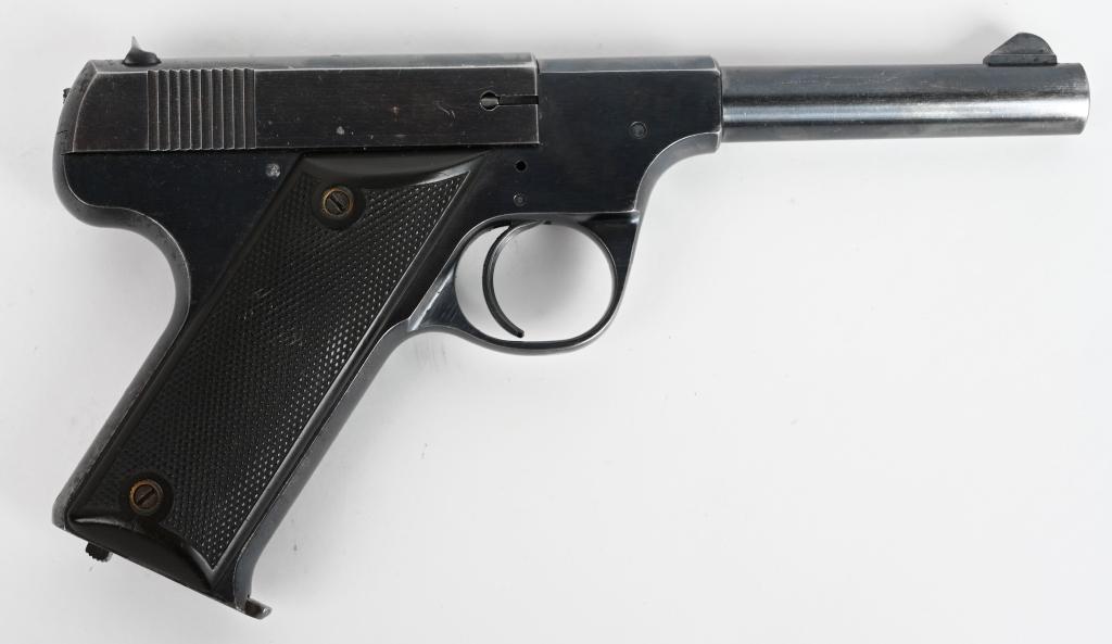 HIGH STANDARD MODEL B SEMI AUTO .22 PISTOL: SERIAL 7321. BARREL 4.5". CALIBER .22 LONG RIFLE. The earliest High Standard pistol was marketed under the name of the Model B. This rather successful model was the offspring of the Hartford Arms, .22