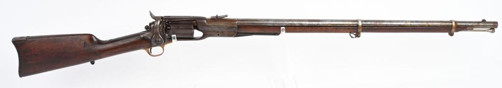 COLT 1855 MILITARY RIFLED MUSKET: SERIAL 8871. BARREL 31 1/4". CALIBER .56 PERCUSSION. Scarce military model made with sling swivels & standard front sight lock bayonet. No visible military inspector stamps. Full length walnut fore-en