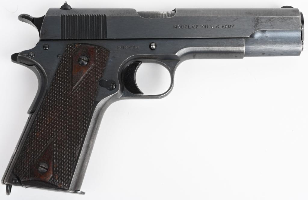 EXCEPTIONAL WW1 COLT 1911 .45 ACP PISTOL 1917: SERIAL NUMBER 185503 BARREL 5" CALIBER .45 ACP MANUFACTURED 1917. Shipped October 1917 to Springfield Armory from Colt for issue to troops in the European theater. Original brushed blue finish with pr