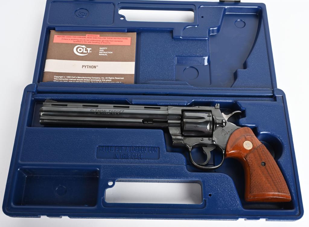 RARE COLT PYTHON TARGET .38 SPECIAL W/8 " BBL,: SERIAL NUMBER K06352, BARREL 8" CALIBER .38 SPECIAL. MANUFACTURED 1980, Rare and desirable Colt Python Target with 8 inch barrel chambered for .38 Special. Finished in Colt royal blue with adjustable