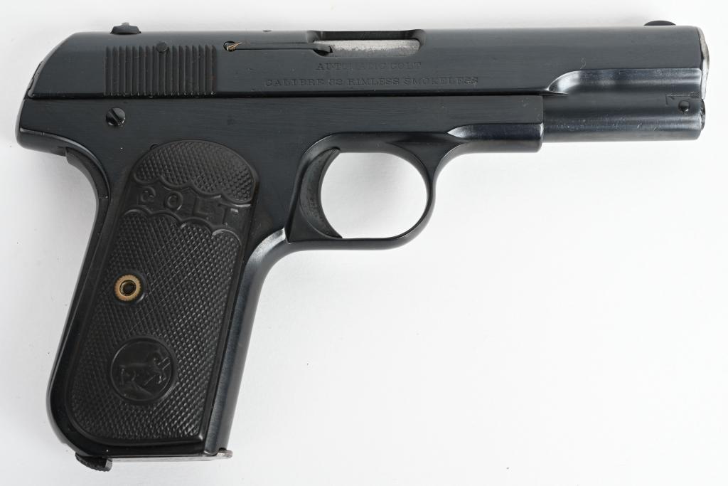 COLT MODEL 1903 SEMI AUTO .32 PISTOL 1906: SERIAL 47326. BARREL 4". CALIBER .32 ACP. MADE IN 1906. Early 4th year, long barrel, semi auto with 98% re-applied blue finish, fine Colt gutta percha grips, magazine not stamped, strong rifling and a