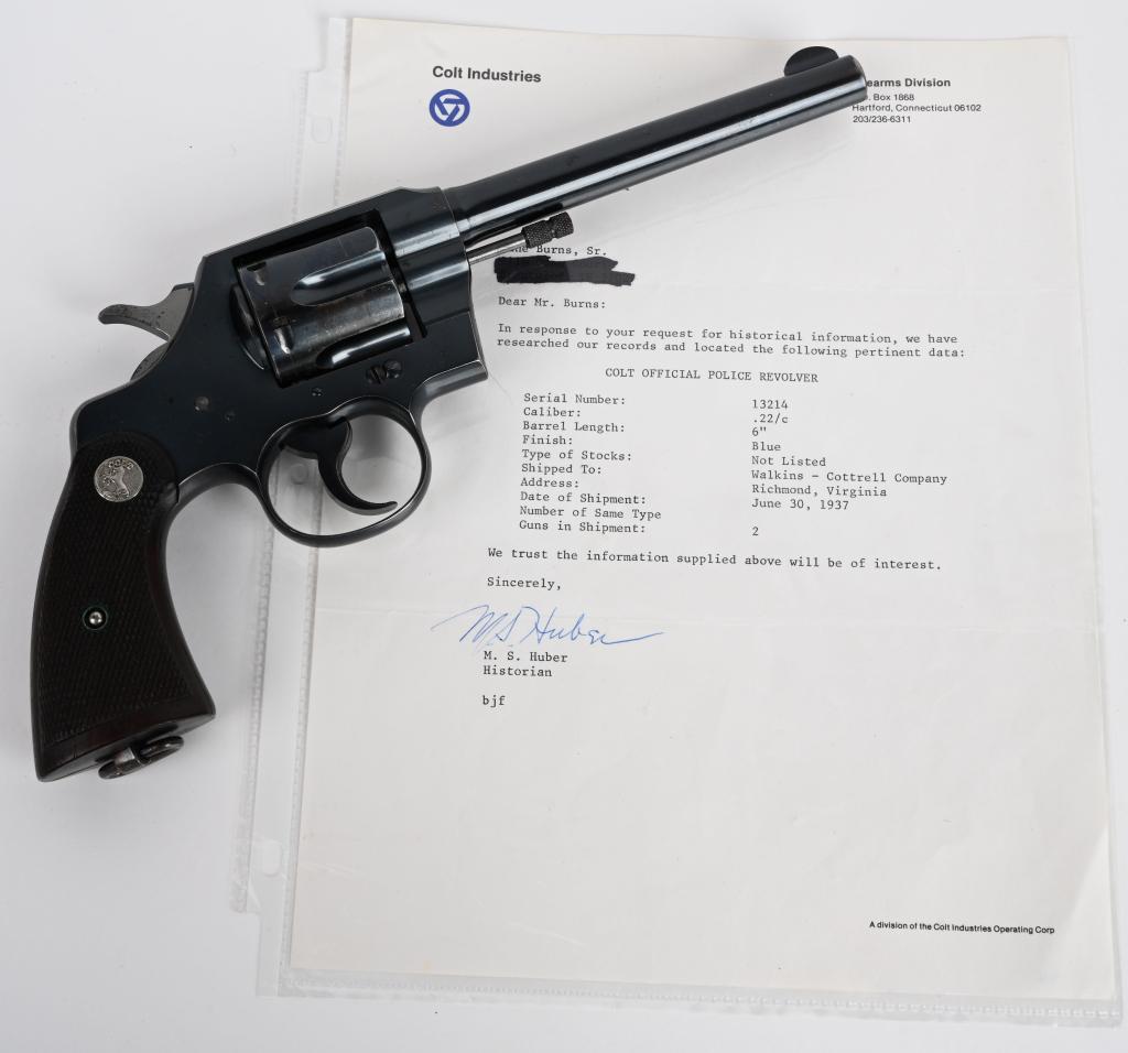 PRE WAR COLT OFFICIAL POLICE .22 REVOLVER: SERIAL 13214. BARREL 6". CALIBER .22 LONG RIFLE. Factory letter states gun was shipped as listed to Waltkins-Cottrell Co in Richmond on June 30, 1937. It is standard in all respects but has a lanyard 