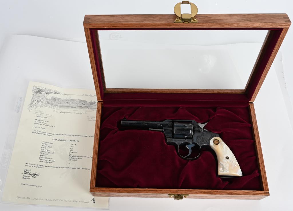 FACTORY HELFRICHT ENGRAVED COLT ARMY SPECIAL: SERIAL 326528. BARREL 4.5". CALIBER .41 COLT. Colts master engraver at this time was Cuno Helfricht (1871-1921) The factory letter notes factory engraved and that the gun was shipped blue, 4.5" barrel