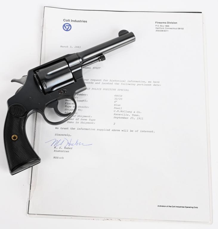 EARLY COLT POLICE POSITIVE REVOLVER 1911: SERIAL 44658. BARREL 4". CALIBER .32-20 WCF. Factory letter states revolver shipped as listed to C.M.McClung & Co in Knoxville on September 25, 1911. Gun retains virtually all of the re-applied blue f