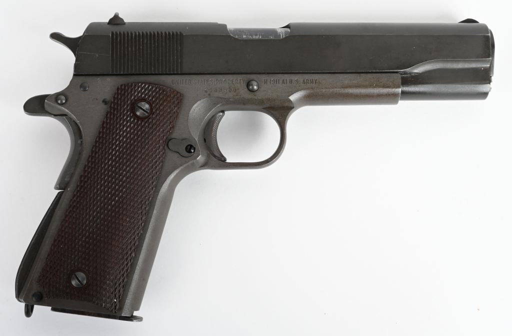 SUPERB WW2 REMINGTON RAND 1911-A1 .45 PISTOL: SERIAL NUMBER 2439556 BARREL 5" CALIBER .45 ACP. MAUFACTURED 1944. Outstanding near unfired 1944 production Remington Rand 1911-A1 .45 pistol with original grey / green parkerized finish with brown ch
