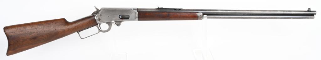 MARLIN MODEL 1893 LEVER ACTION RIFLE: Serial #267170. Barrel length 26". Caliber 30-30. Made in 1903. Standard rifle with round barrel, full magazine, replaced front sight, semi-buckhorn rear sight, walnut stocks, S-curve butt-plate, case