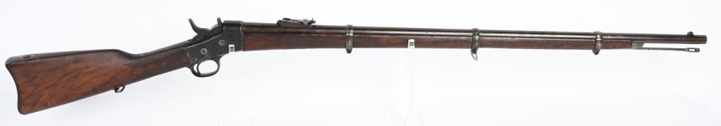 REMINGTON .43 SPANISH ROLLINGBLOCK RIFLE: SERIAL NUMBER 22580 BARREL 35" CALIBER .43 Spanish (11.15x58mmR) MANUFACTURE 1869-1880'S. Brilliant bore with sharp rifling, Walnut stocks with period non-arsenal checkering. Brown patina finish with 