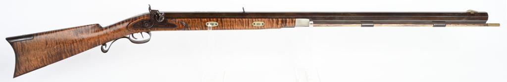 CONTEMPORARY SAMUEL HAWKEN .56 CAL RIFLE: SERIAL NUMBER R38A BARREL 35-1/2" CALIBE .56 RIFLED. MANUFACTURE CONTEMPORARY built in style of Samuel Hawken of St Louis. Heavy full octagon barrel 1-1/8 across flats with blade front sight and Rocky