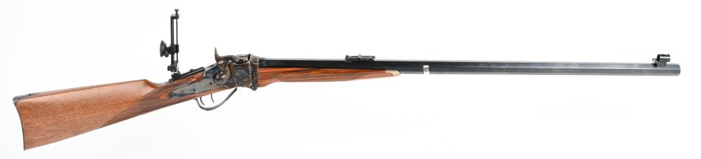 NEAR NEW NAVY ARMS 1874 SHARPS LONG RANGE RIFLE: SERIAL SH8906. BARREL 32". CALIBER .45-70 GOVT. Quality replica of Sharps rifle to include blued full octagon barrel , double set triggers, Lawrence type ladder rear sight, globe front sight, long ran