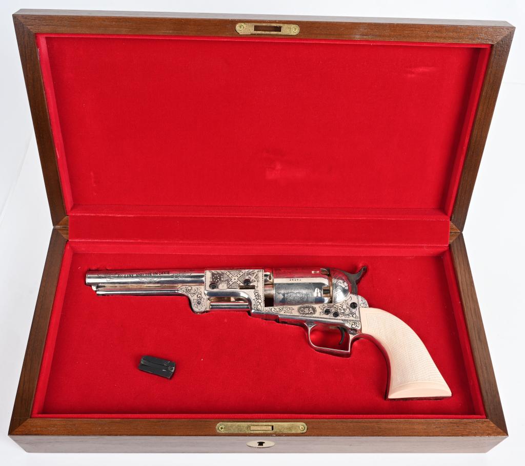 SPECIAL 77/125 CSA COLT SILVER PLATED ENG DRAGOON: SERIAL 24151. BARREL 7.5". CALIBER .44 PERCUSSION. Number 77 of 125 total made. Gun is entirely silver plated, engraved, special CSA on frame, "To Live & Die in Dixie" on barrel, fully checkered faux 